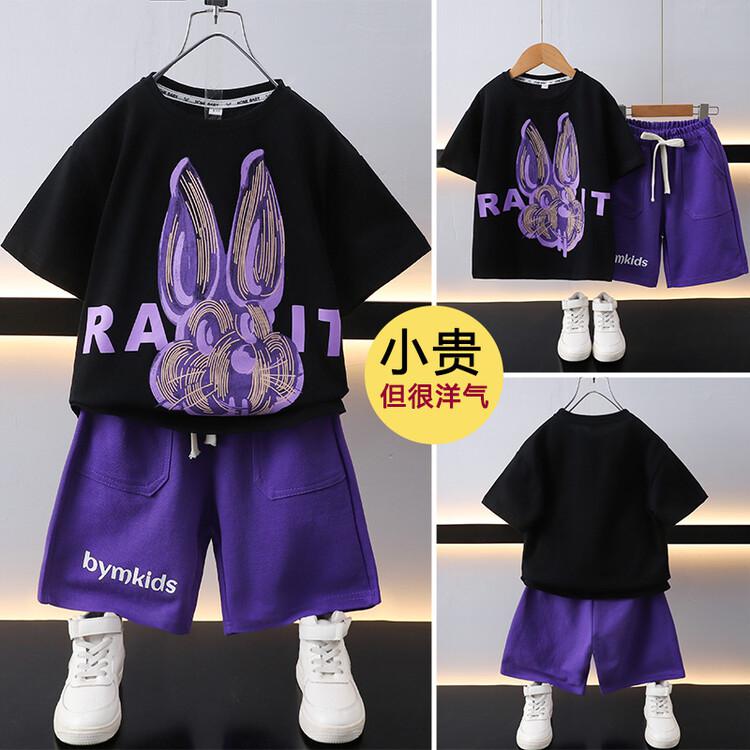 LN23695# 紫色兔子印花套装童裝批發童裝服飾貨源儿童服装